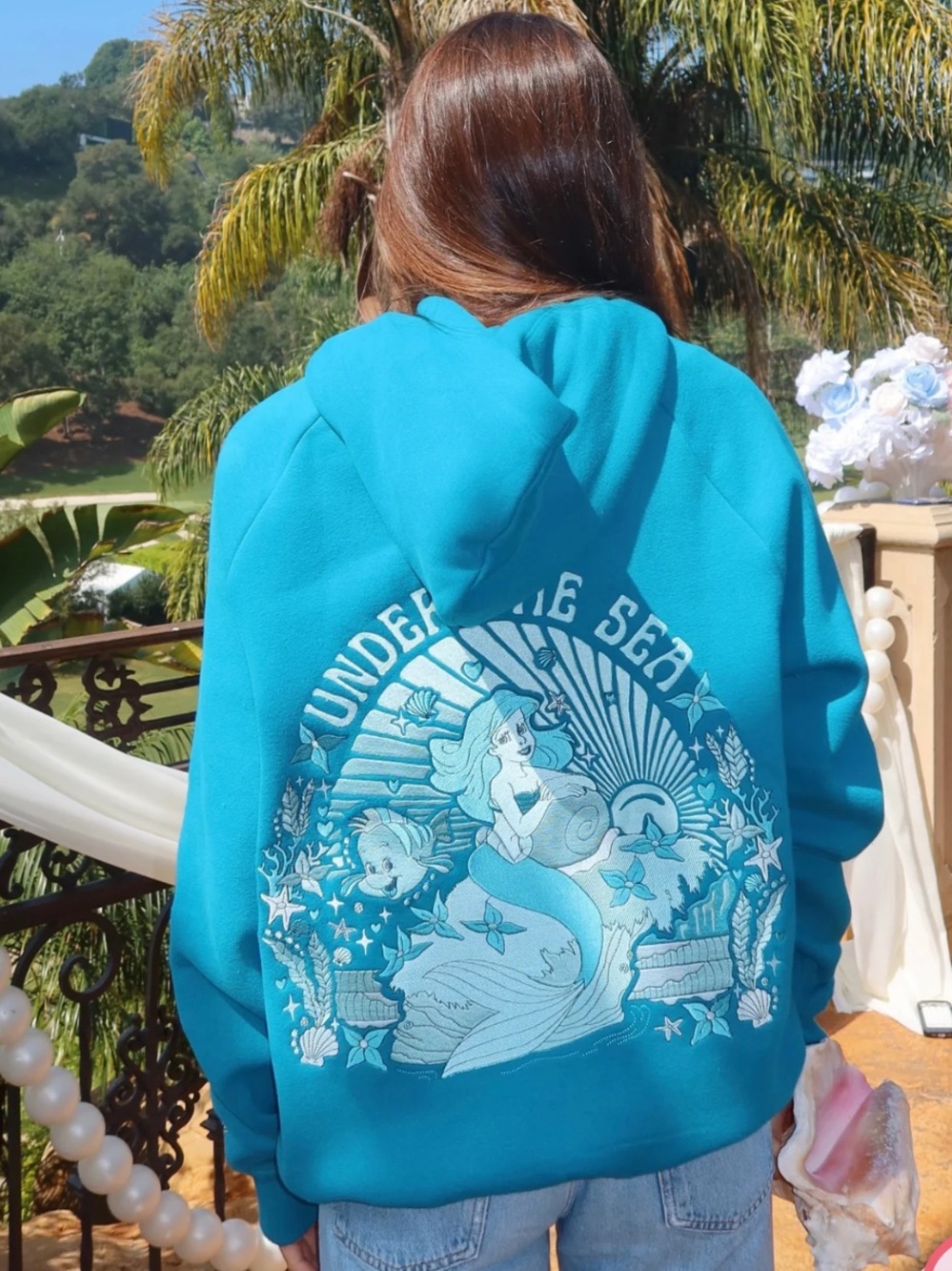 Pink Palm Puff Disney Under the Sea" Relaxed Hoodie in Deep Blue (L)